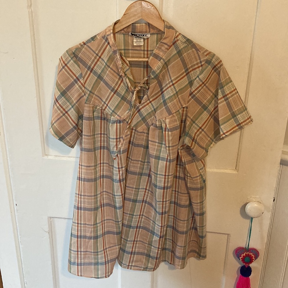 Vintage plaid blouse with tie bib collar